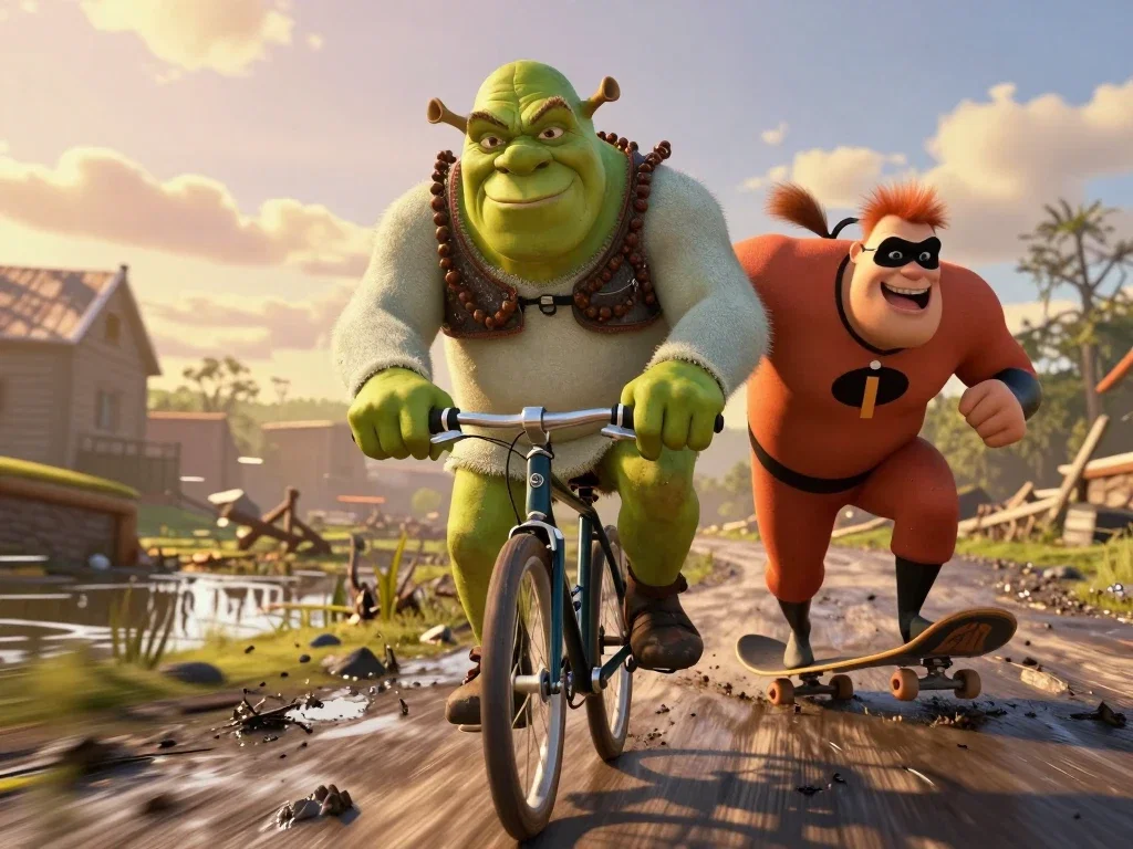 shrek cycling with mr incredible