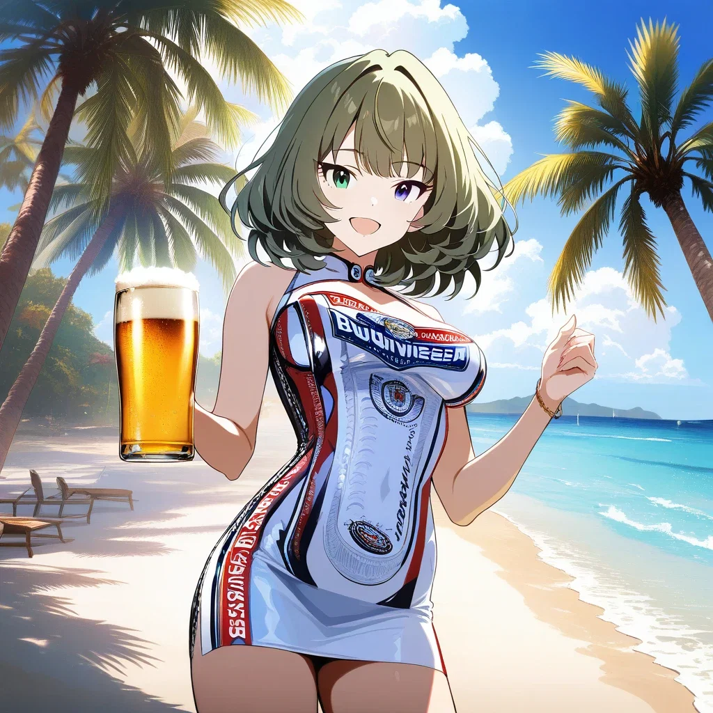 anime girl in budweiser dress on beach