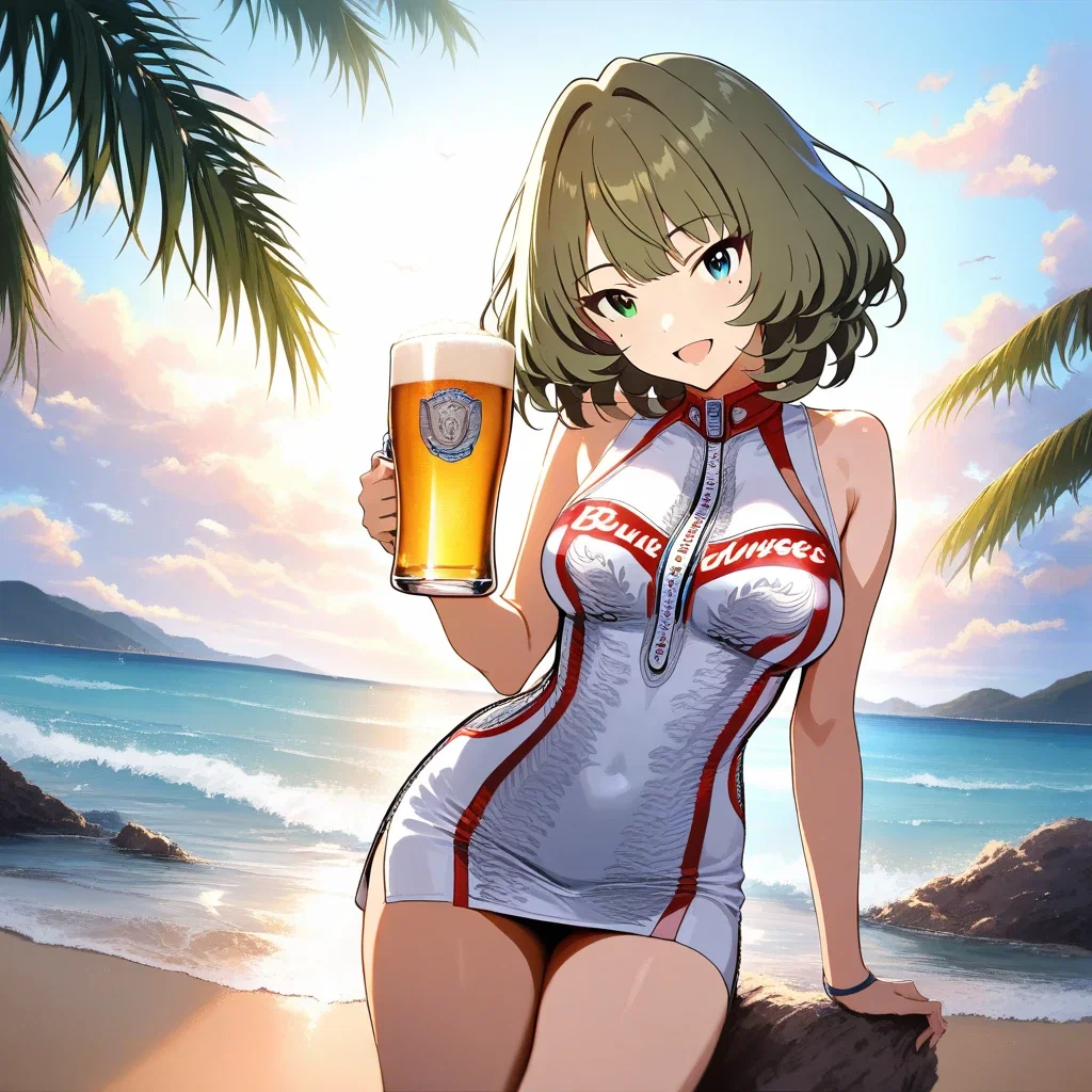japanese girl in budweiser dress on beach