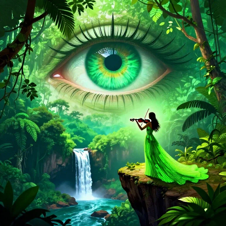 violinist on cliff over jungle