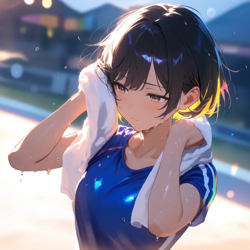 tired girl wiping sweat with towel