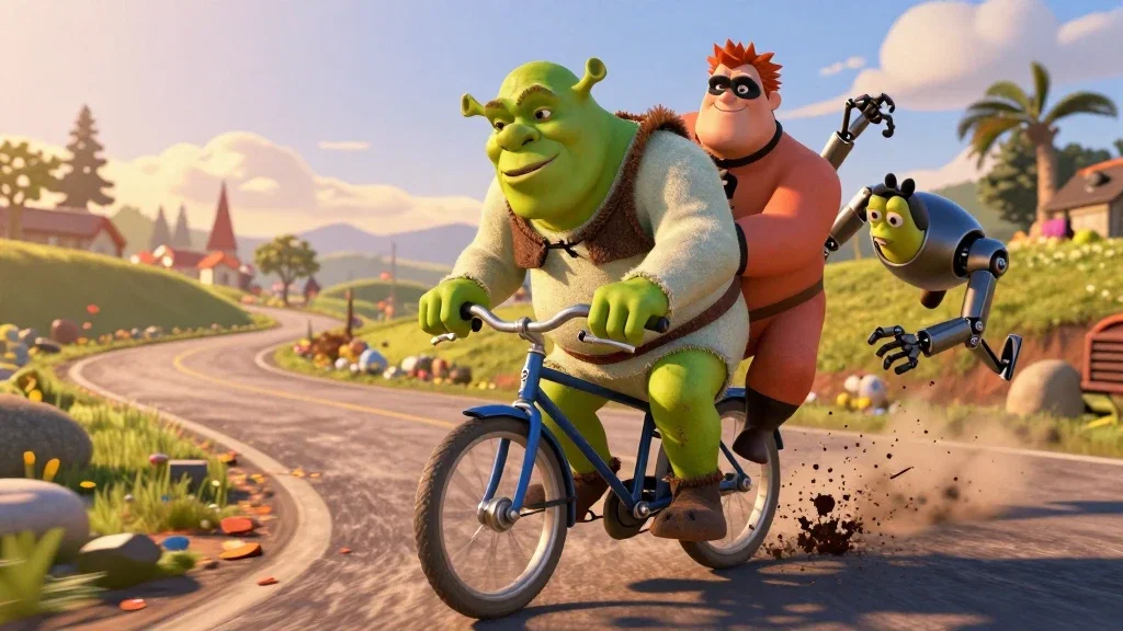 shrek on bicycle with mr incredible and inspector gadget