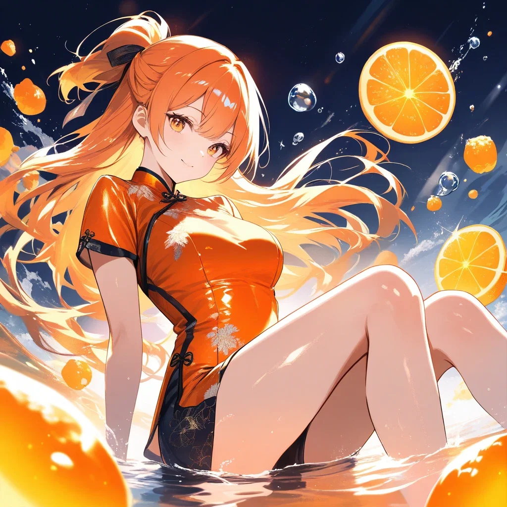 artistic orange cheongsam girl sea
