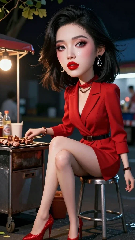 night street vendor barbecue tall girl