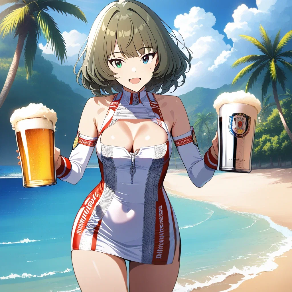 girl in white budweiser dress on beach