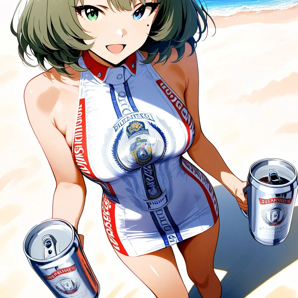 japanese girl in budweiser dress on beach