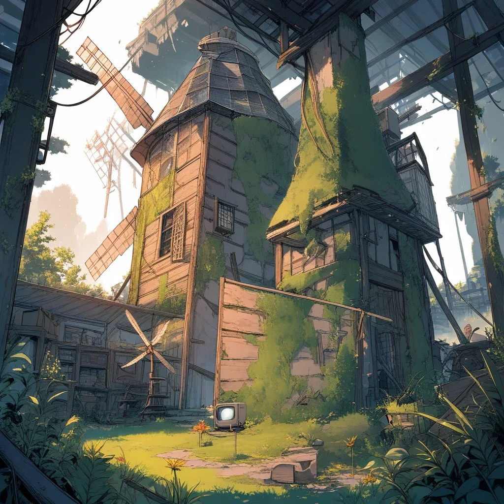 decaying study with tv and windmill