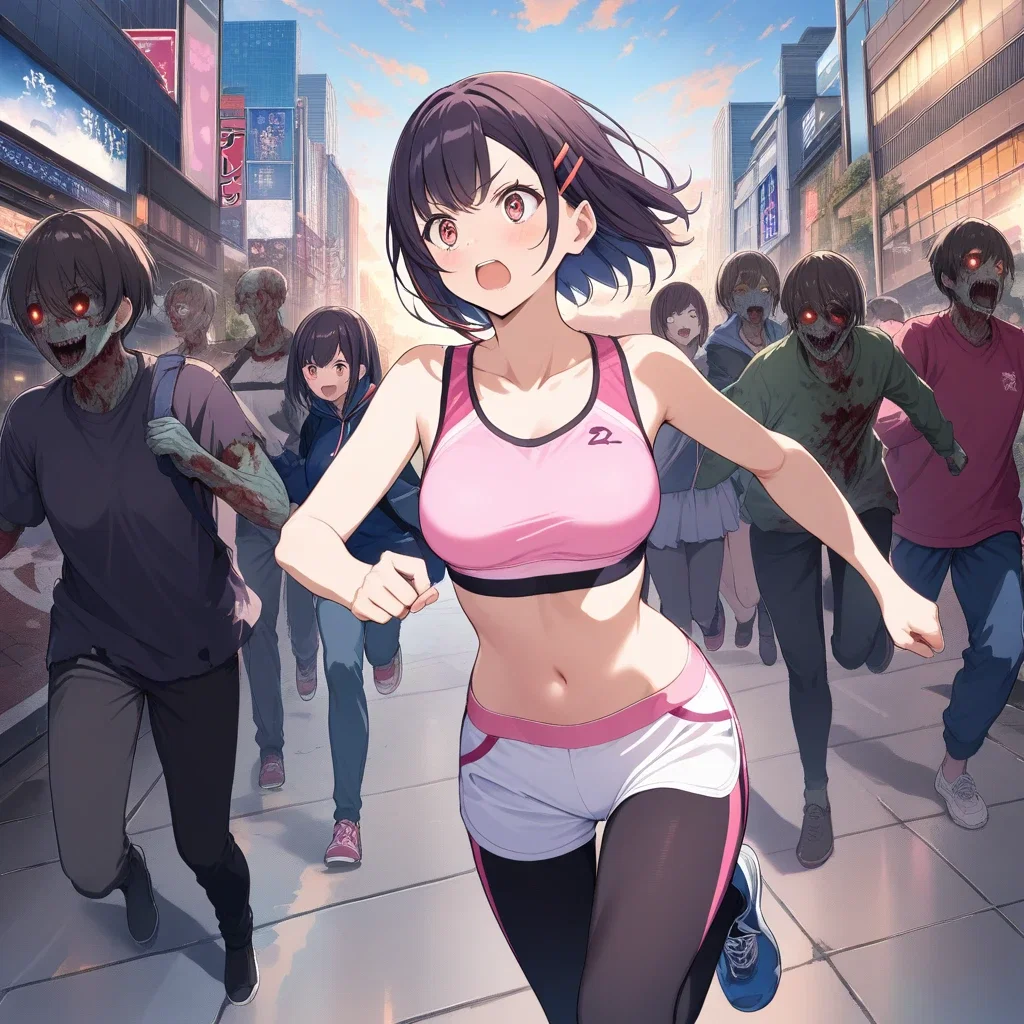 zombie panicking girl running shibuya twilight