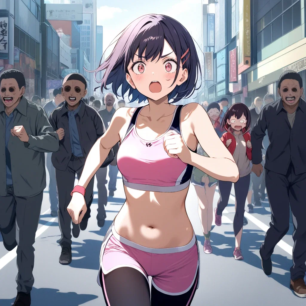 oil painting zombie shibuya girl running
