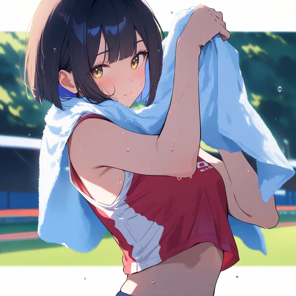 beautiful woman in track wear wiping sweat
