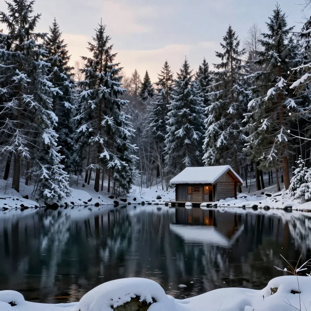beautiful forest lake hut snow