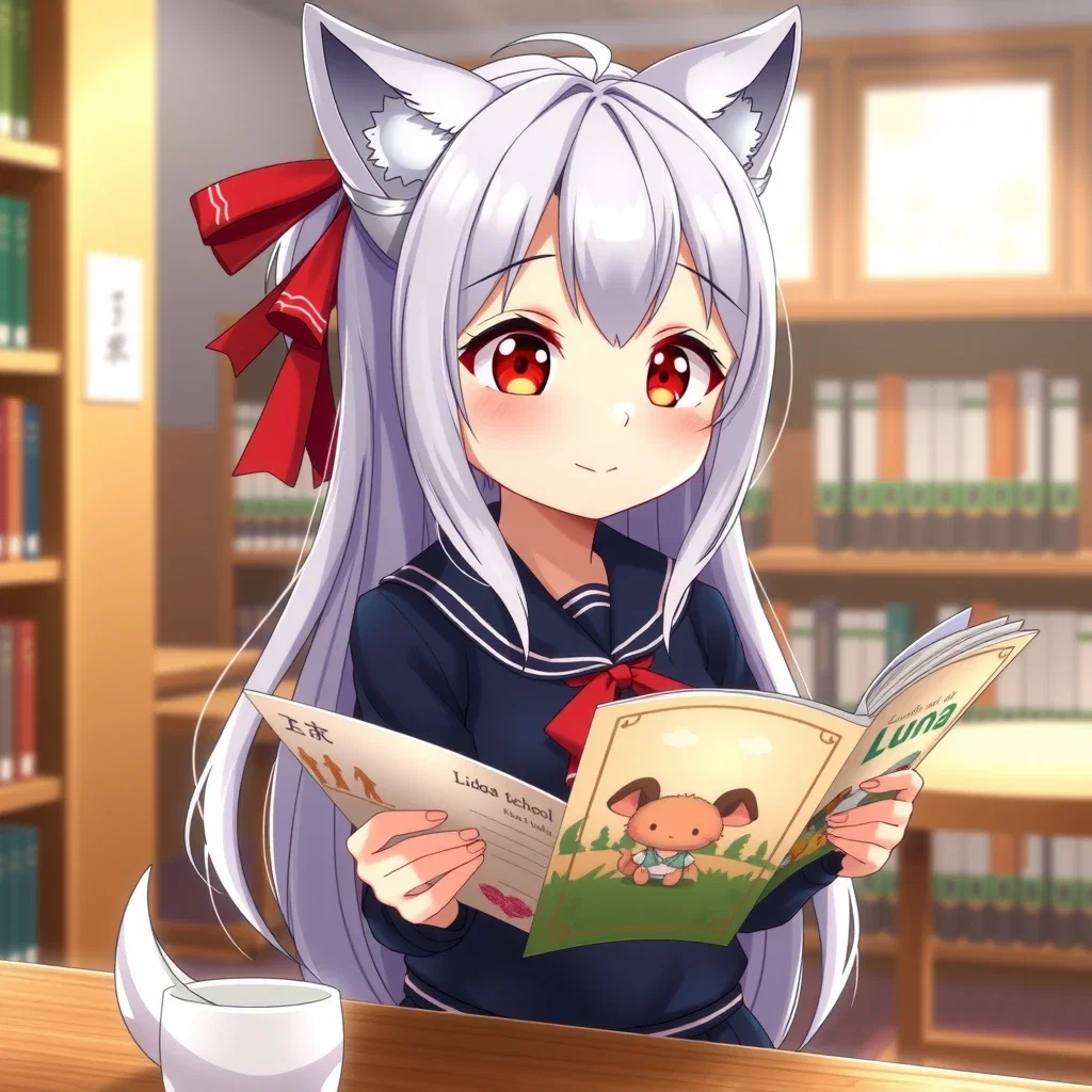 luna in school library reading