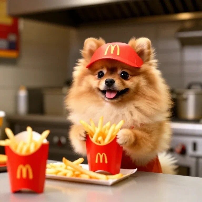 pomeranian makes fries at mcdonalds