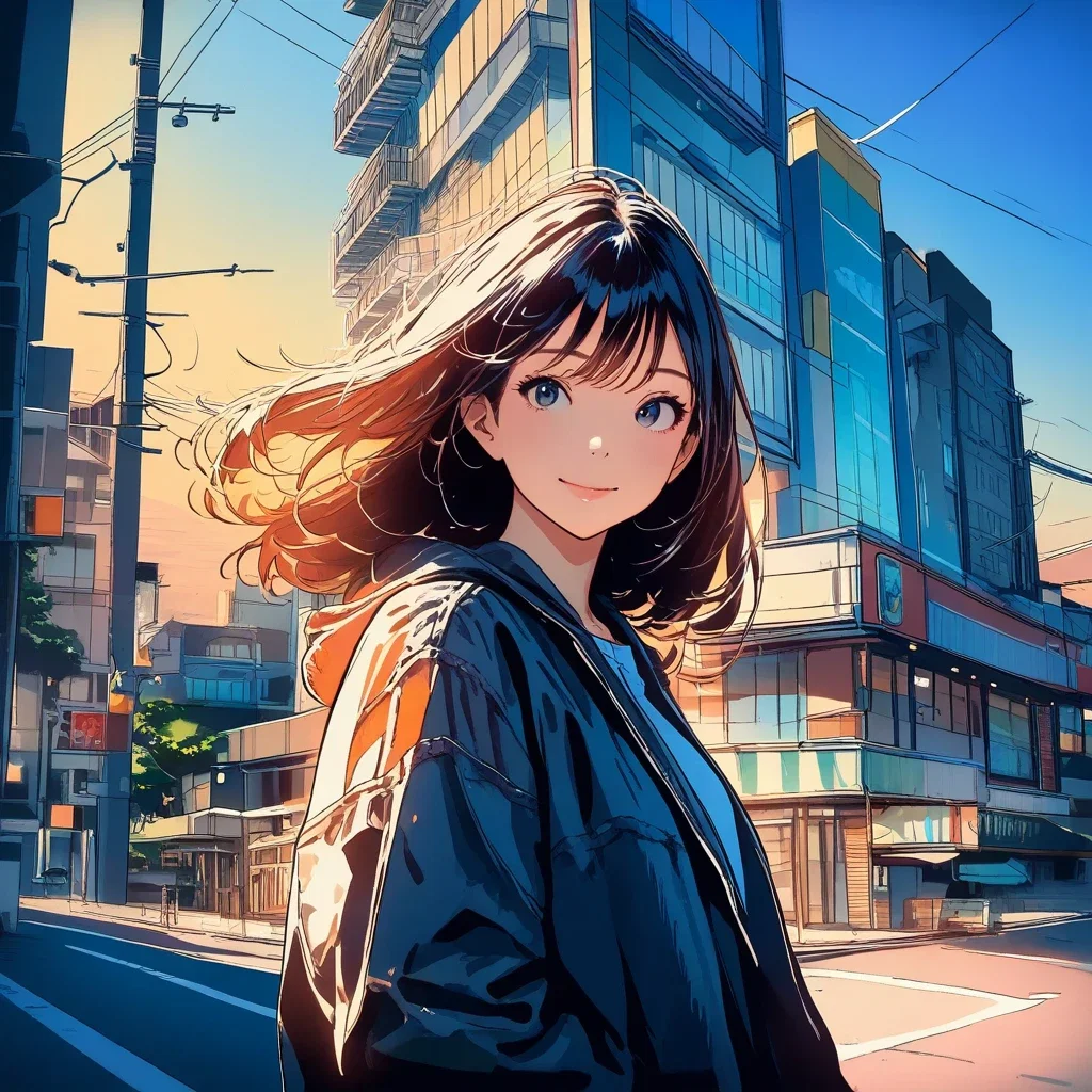 watercolor cute girl street corner comic style