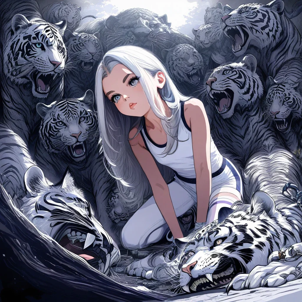 anthropomorphic white tiger and girl