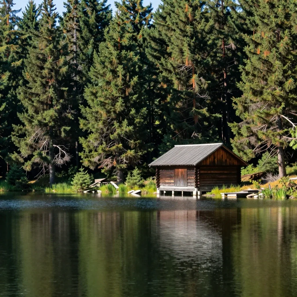 beautiful forest lake hut