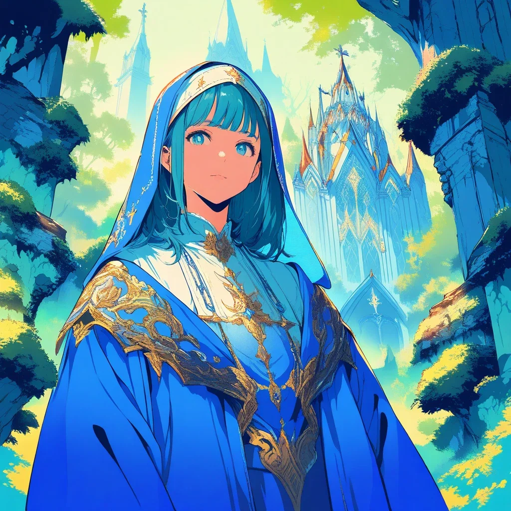 fantasy cleric in blue robe