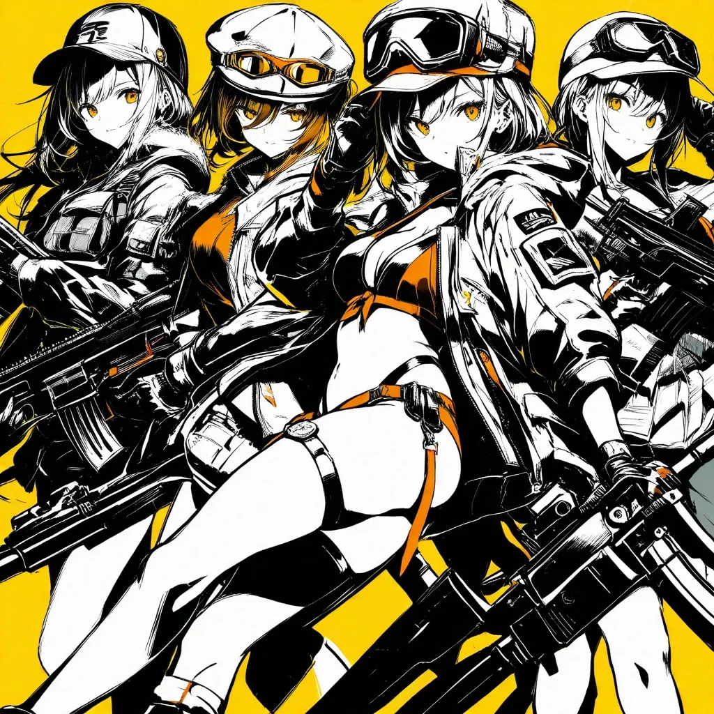 artistic woman wearing cap and goggles with guns