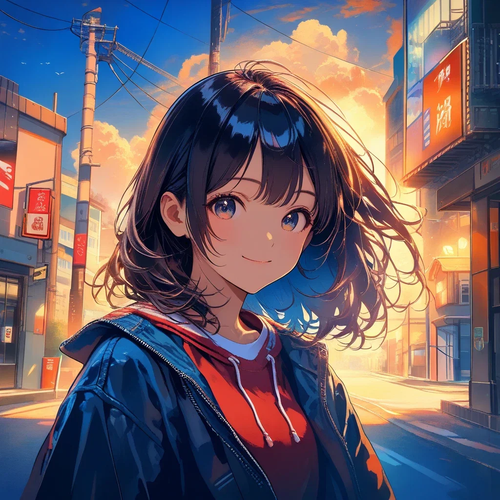 cute girl at street corner oil painting