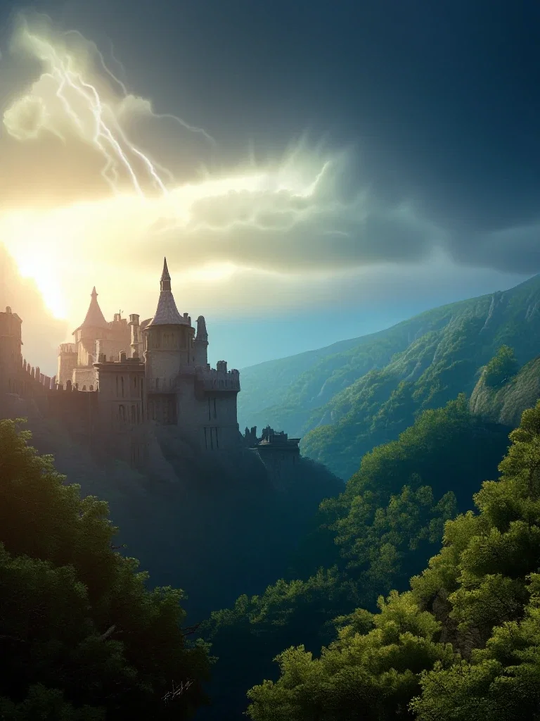 medieval castle thunderstorm sunrise