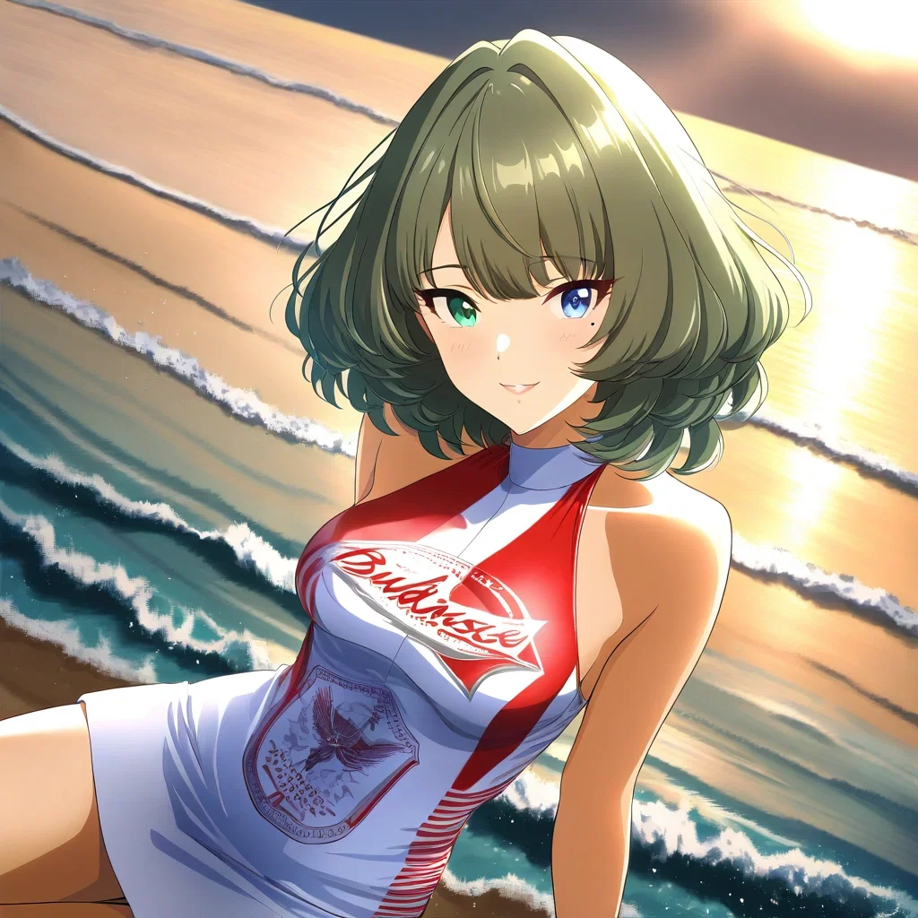japanese girl in budweiser dress on beach