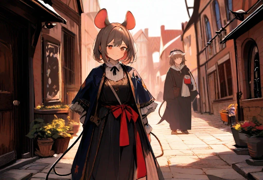 girl with mouse ears in town