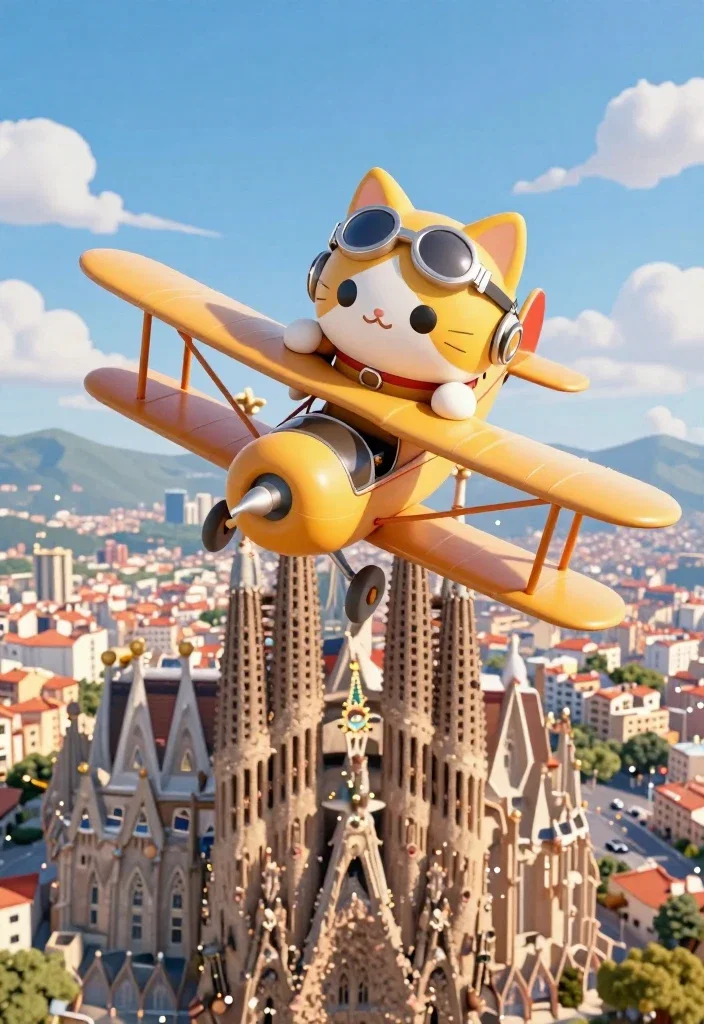 cute cat biplane pilot flying