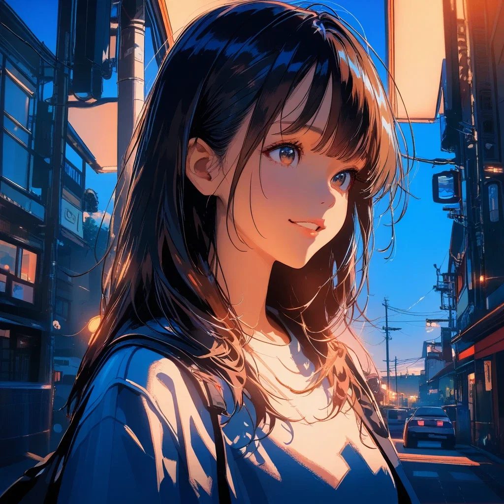 oil painting cute girl street corner
