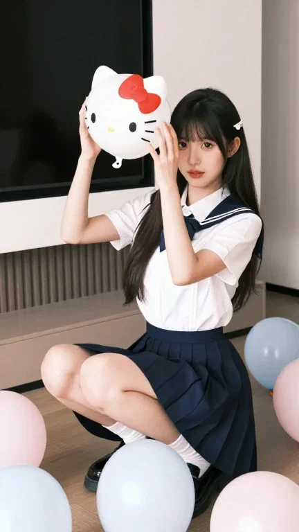 school girl sitting on hello kitty balloon