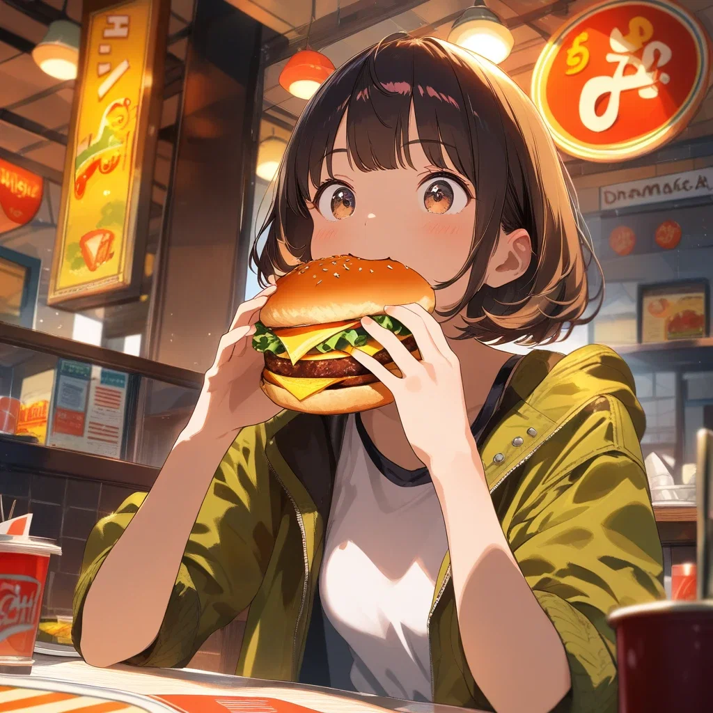 cute girl eating cheeseburger