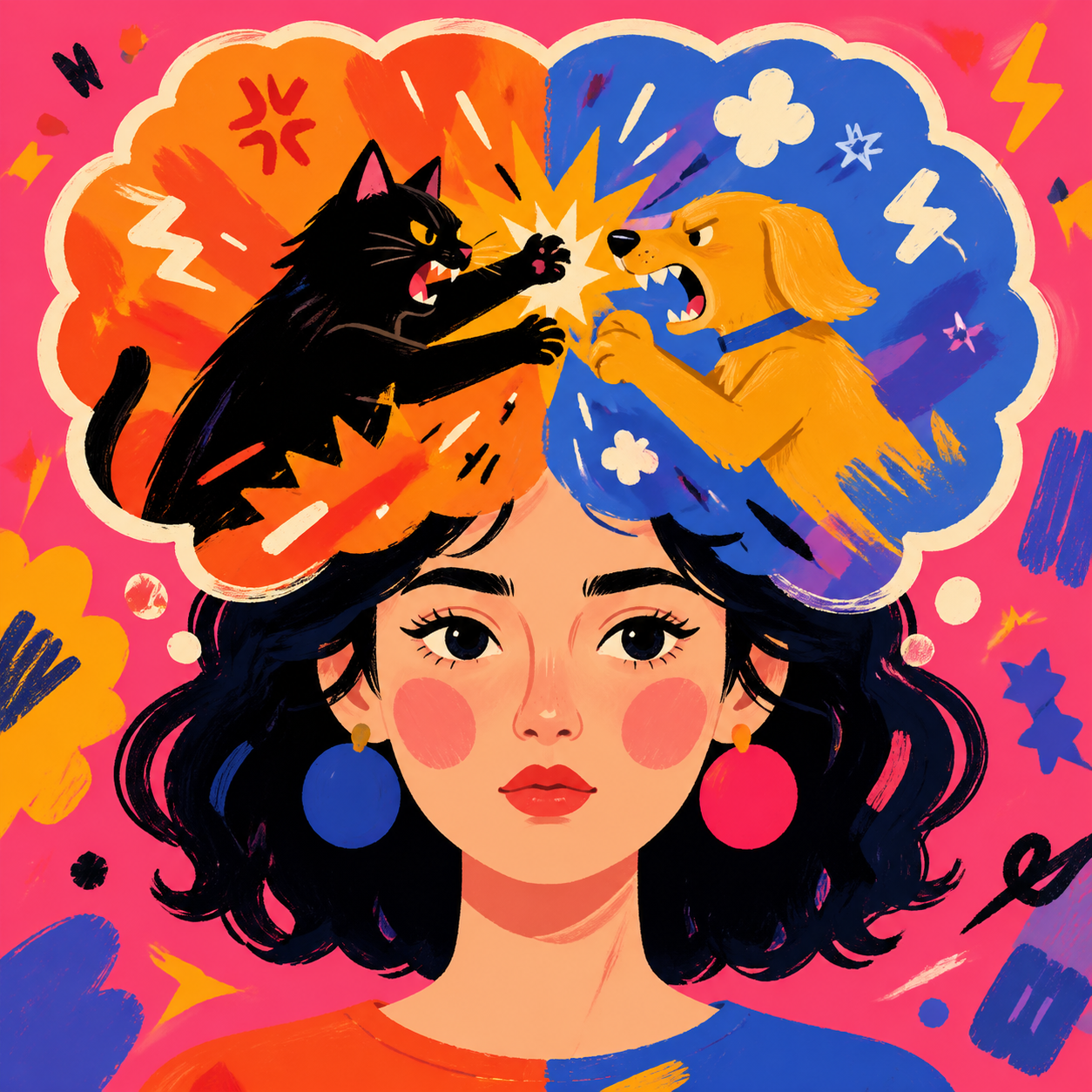 woman mind cat dog fight