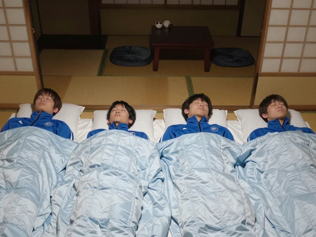 four japanese students sleeping on futons