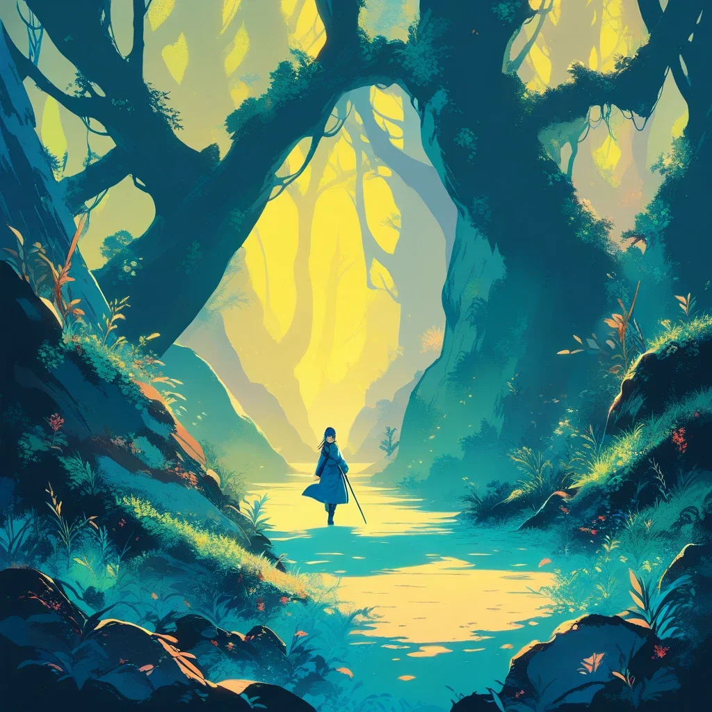 line art fantasy blue cleric mossy forest