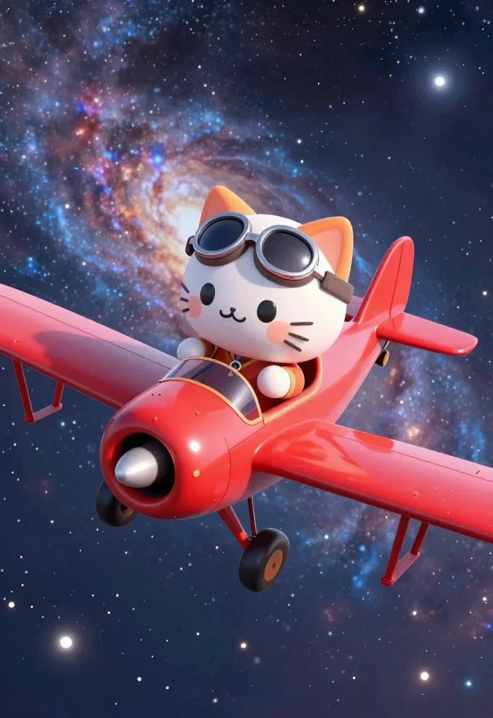 cute cat pilot flying through space