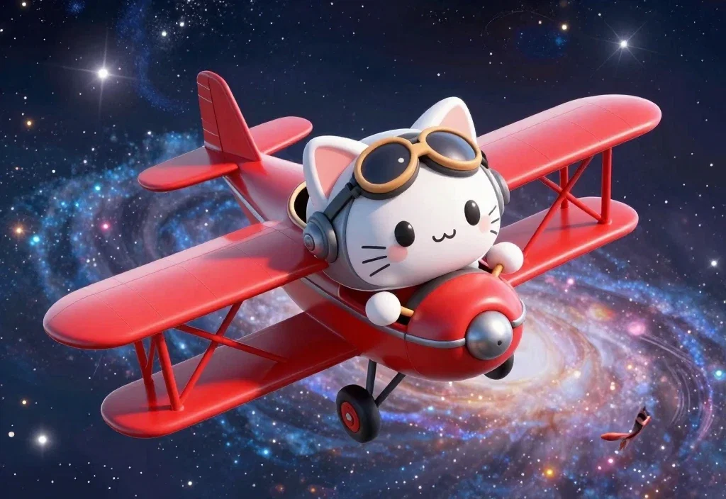 cute cat pilot flying through space