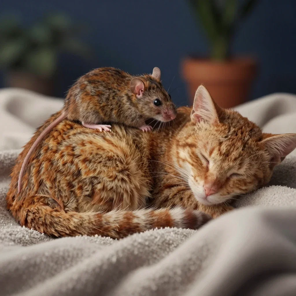 mouse on cat taking nap