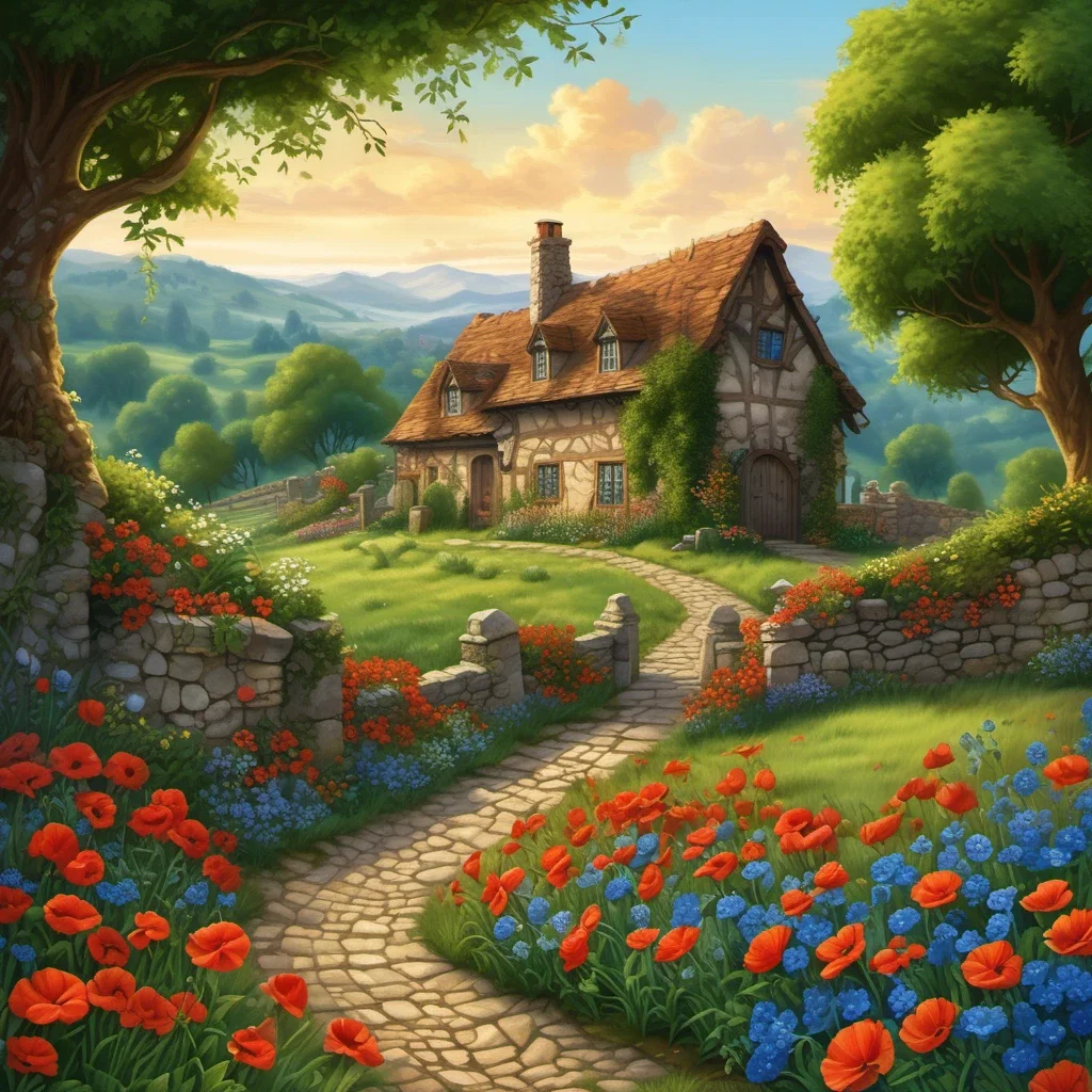 fantasy art medieval farmhouse meadow