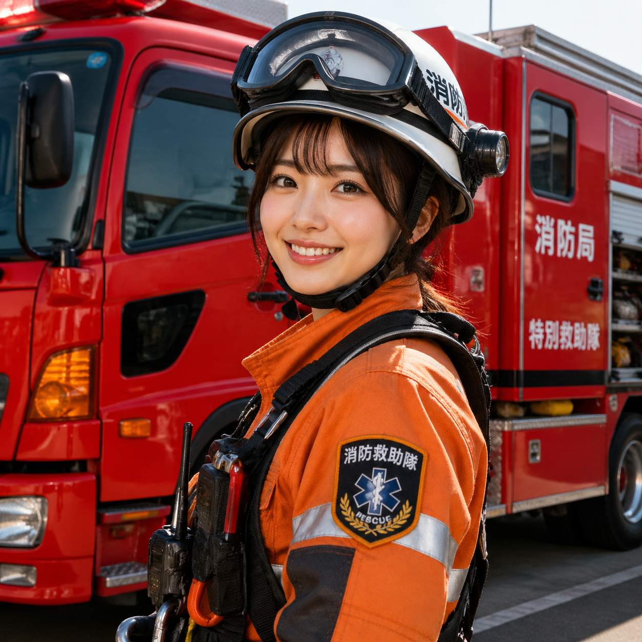 japanese rescue woman with fire truck