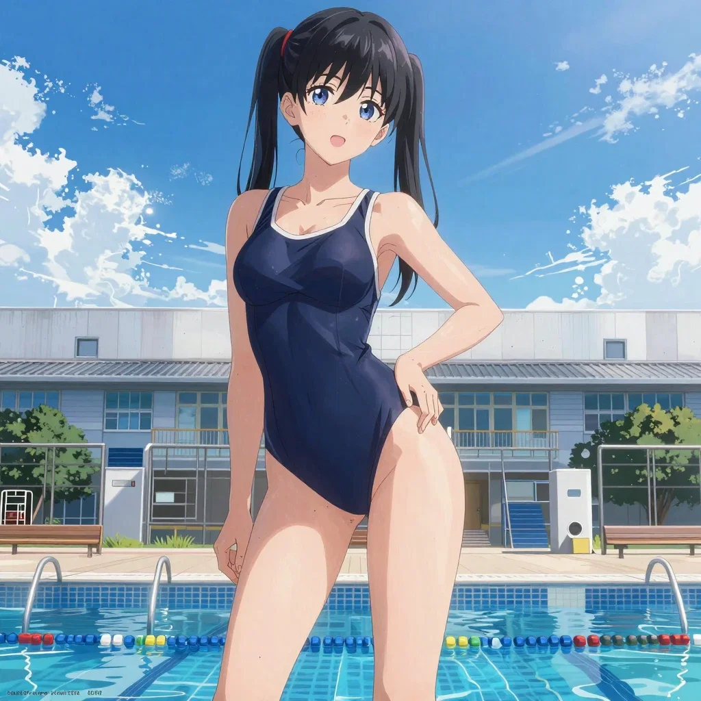beautiful anime girl poolside swimsuit