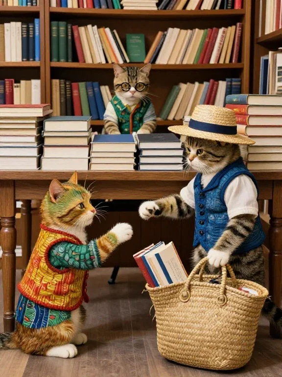cat sells books at market