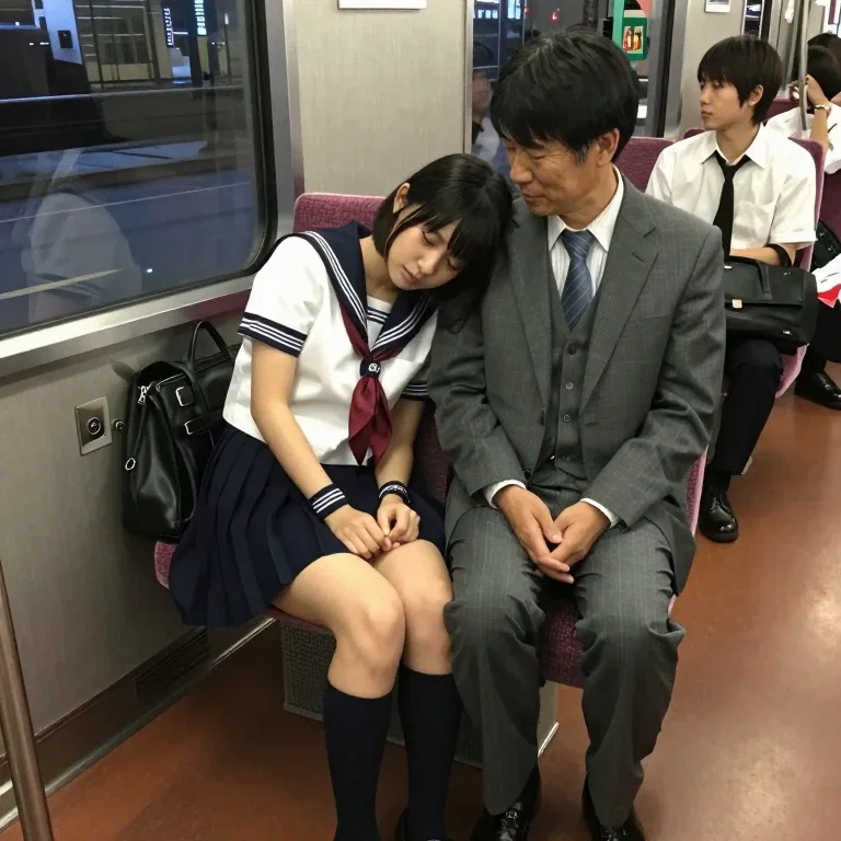 man stares at school girls feet on train