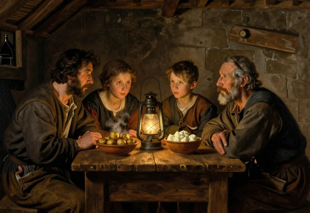 renaissance peasant family gathered around table