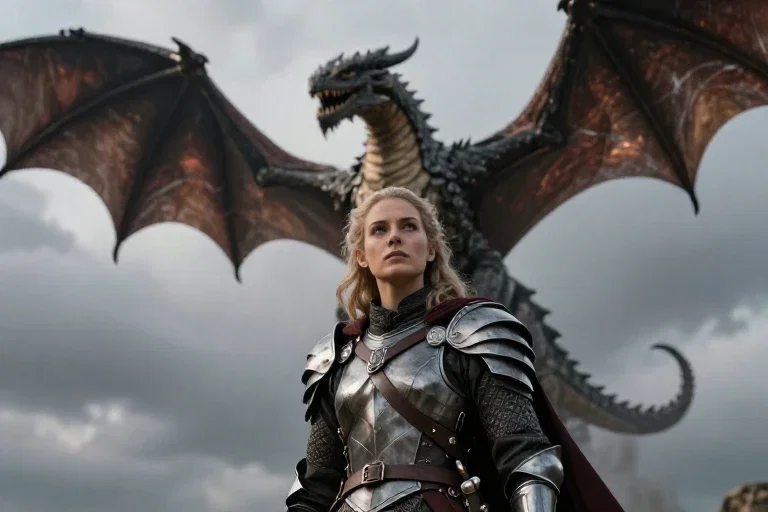 highlander warrior looking up at dragon
