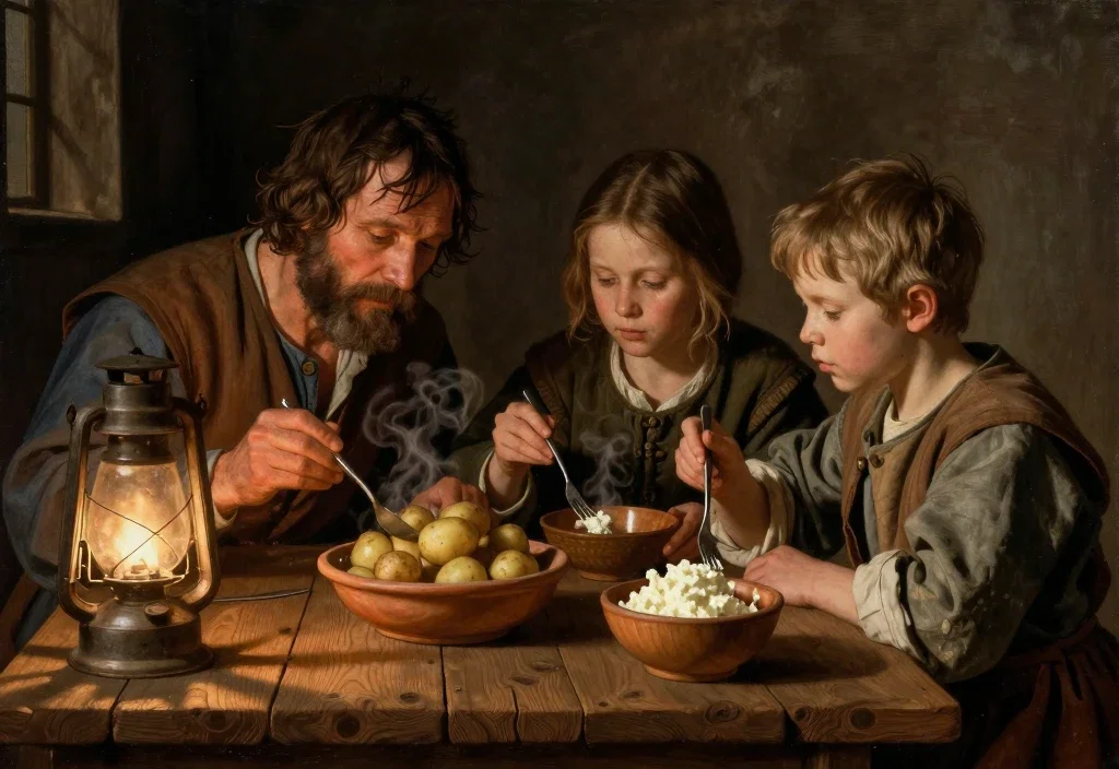 renaissance oil painting of poor peasant family