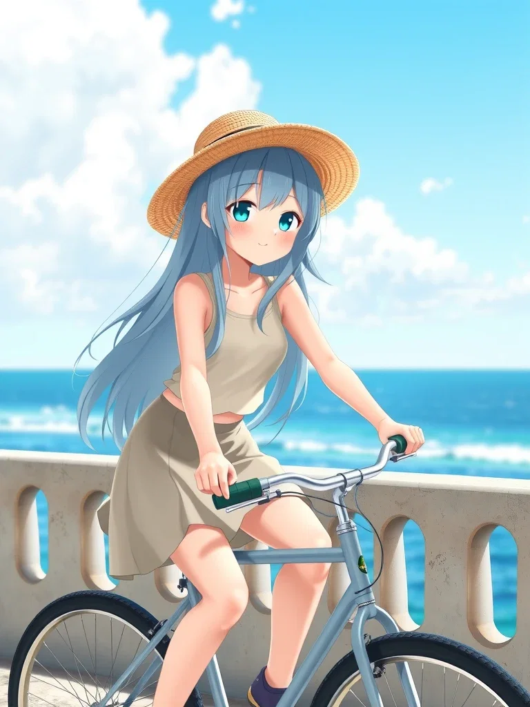 young girl riding bicycle by sea