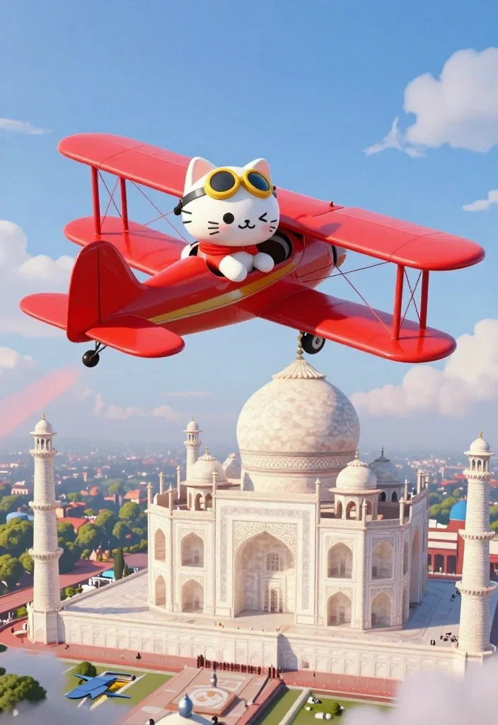 cat pilot flying above taj mahal