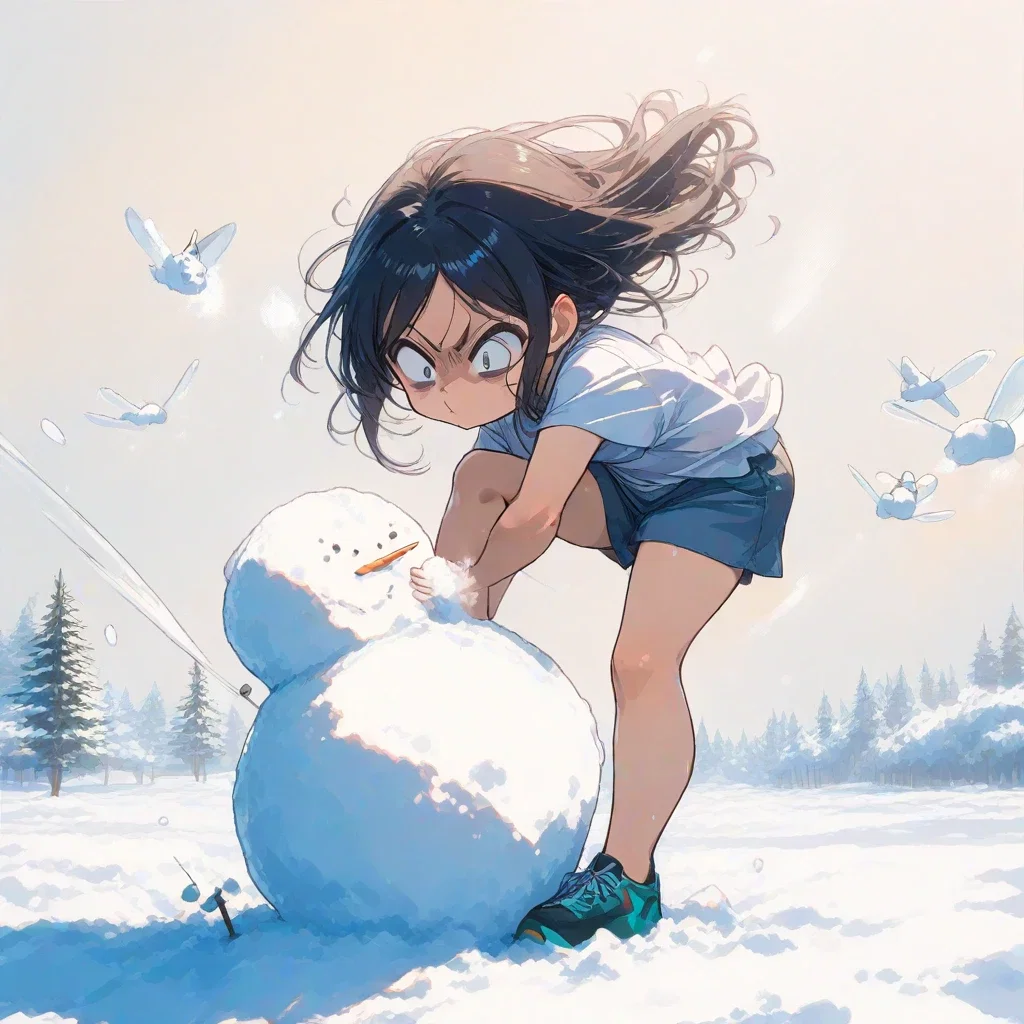 girl stepping on snowman