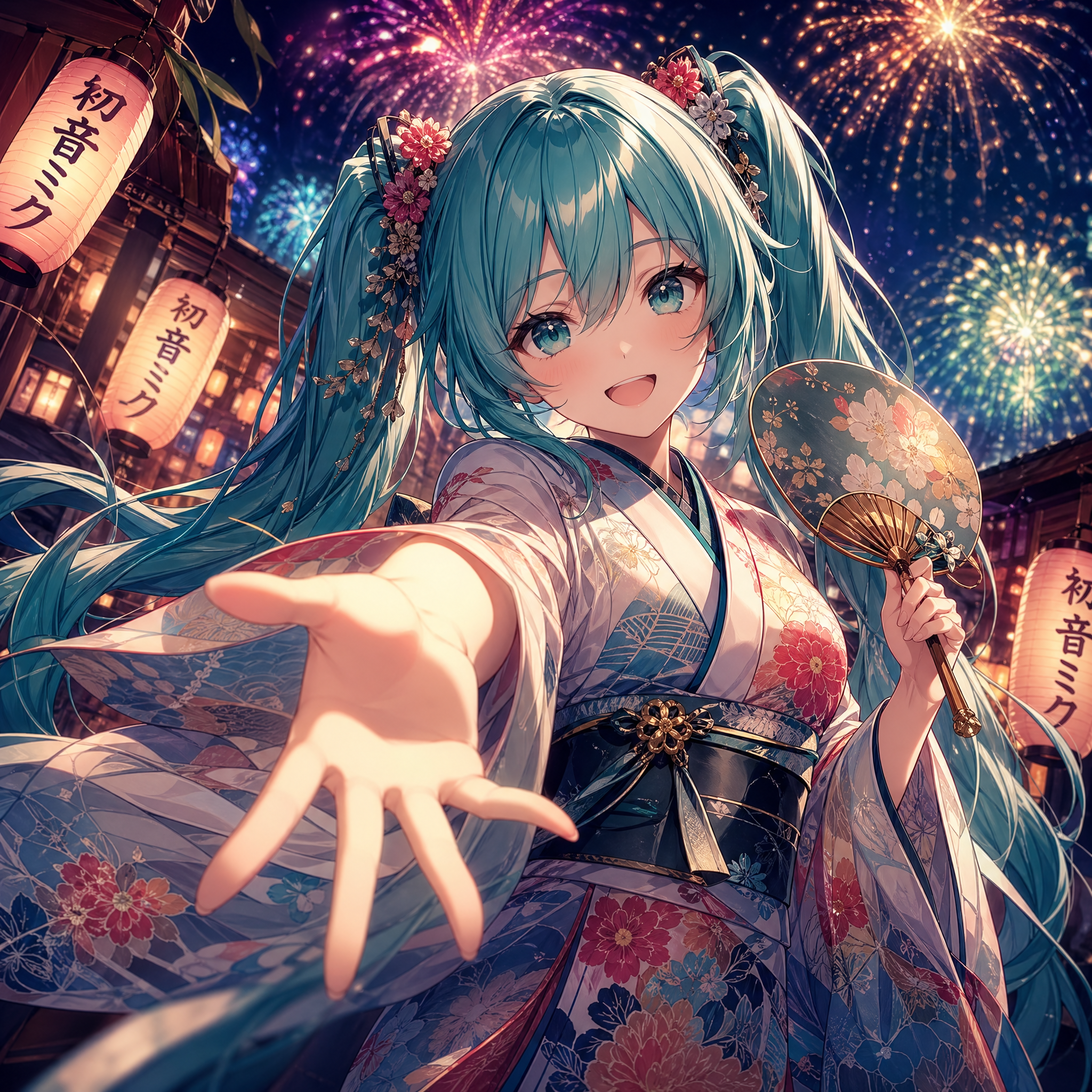 miku in yukata with fireworks