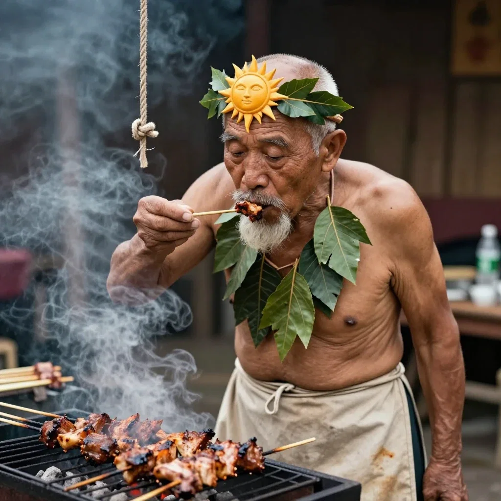 old man eating barbecue hanging from rope
