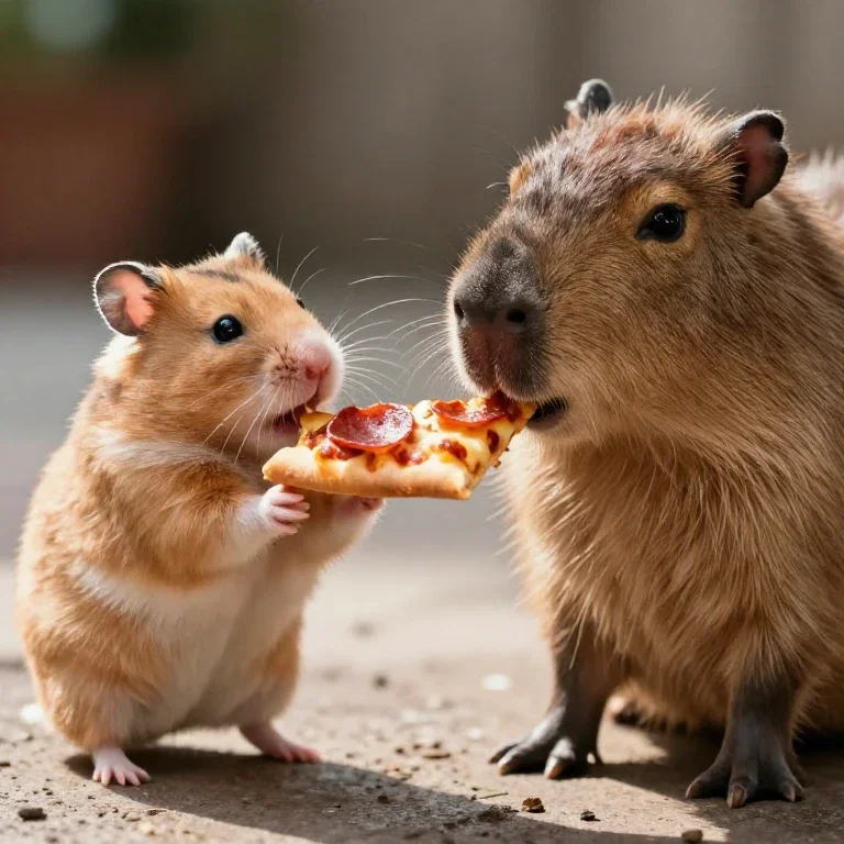 hamster offers pizza to capybara